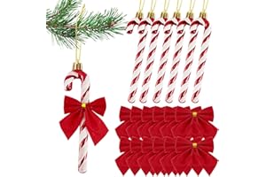 COLOFALLA 6PCS Cannes de Bonbons avec 12PCS Noeuds de Ruban Rouge Décorations Ornements de Sapin de Noël Cadeau