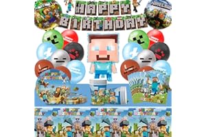 SOLWONDER Set di Stoviglie per Festa di Compleanno Miner-Craft, 63 Pcs Miner Decorazioni per Feste di Compleanno, Stoviglie per feste per bambini Include Tovaglia Piatti Tazze Tovaglioli Palloncini Striscioni