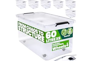 Deuba® 6x 60 Litre Plastic Rolling Storage Boxes with Lid | 60L Stackable Clear BPA-Free Container | Smooth Running Wheels | Handle | Really Useful Multi-Purpose Clip Lock Home Organiser