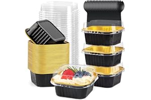 KAHEIGN 50 Pezzi Mini Teglie per Pane con Coperchi e Cucchiai, 150ml Pentole Quadrate in Foglio di Alluminio con Adesivo Sigillante per Pane Torta Nozze Compleanno Picnic Festa (Oro Nero)