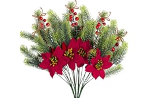 GGISUI 4 Pezzi Rami di Pino Artificiali Rami Decorativi di Natale Poinsettia Fiori Artificiali Rami Artificiali di Natale per Artigianato di Natale Ghirlanda Fai da Te Decorazioni per la Casa