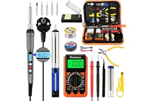 MIMAJOR Lötkolben Set, 60W LCD Einstellbare Temperatur 180-500°C Lötkolben, 19PCS mit Digital Multimeter, 6 Spitzen, Lötkolbenständer, Lötzinn, Entlötpumpe, Pinzette, Lötkolben Set für Elektroarbeiten.