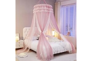 HUOQOU Prinzessinnen Betthimmel für Mädchen, Betthimmel Vorhang - Doppelschicht Durchsichtiges Netz Kuppel Betthimmel Rundes Spitzen Moskitonetz Zelt für Mädchen Schlafzimmer Dekoration(Rosa/Weiß-3)