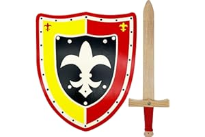 GERILEO Pack of Wooden Sword and Coat of Arms Shield - Boys and Girls Toy - Play Accessory, Children's Toy, King, Lord, Soldier, Warrior, Knight, Gladiator, Prince, Medieval Costumes (Yellow/Red)