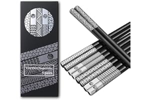 TIICOO Zestaw pałeczek ze stali nierdzewnej – 5 par metalowych pałeczek wielokrotnego użytku, nadają się do mycia w zmywarce, antypoślizgowe końcówki grawerowane laserowo – wysokiej jakości japoński