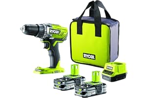 Ryobi R18DD3-215S Trapano Avvitatore a Batteria 18V ONE+, Include Due Batterie da 1.5Ah, 2 Velocità di Lavorazione, 24 Regolazioni di Frizione, Mandrino Autoserrante da 13mm