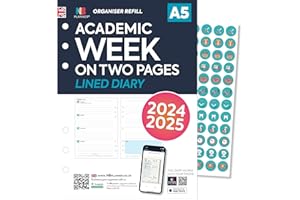 NBplanner Academic 2024-2025 Semana en dos páginas agenda rayada Inserto de repuesto para organizador de 6 anillas | Tamaño A5 | Mensual/Semanal | Inicio del lunes | Compatible con Filofax A5(02321)