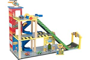KidKraft Mega Ramp Garage in Legno, Piste Macchinine per Bambini, Giochi in Legno, Parcheggio Macchinine con Elicottero Giocattolo e 5 Macchine, Autolavaggio Giocattolo, 63267