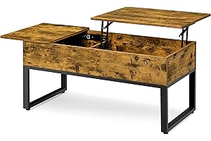 ‎YAHEETECH Yaheetech Couchtisch mit höhenverstellbarer Platte Lift Top Kaffeetisch Wohnzimmertisch getrennt versteckter Stauraum Sofatisch Stabiler Metallgestell Vintagebraun-Schwarz