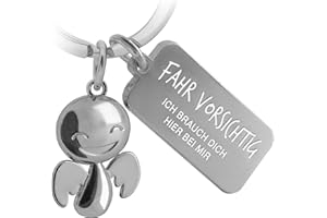 FABACH Schutzengel Schlüsselanhänger Happy mit Gravur - Niedlicher Auto Schlüsselanhänger mit Botschaft aus Metall für Autofahrer - Geschenk Glücksbringer Auto Führerschein - Fahr vorsichtig, Silber