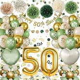 Decoracion 50th Birthday Woman Man, 50th Birthday Balloons Green Gold | Happy 50th Birthday Garland, Paper Pompoms, Reusable