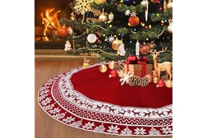 Weldomcor Falda Arbol de Navidad Grande, 122CM 3D De Punto Falda De árbol De Navidad Avvrel Decoración Navidad Manta de Árbol de Navidad con Alces y Copo de Nieve Tapete Patas Arbol, Rojo