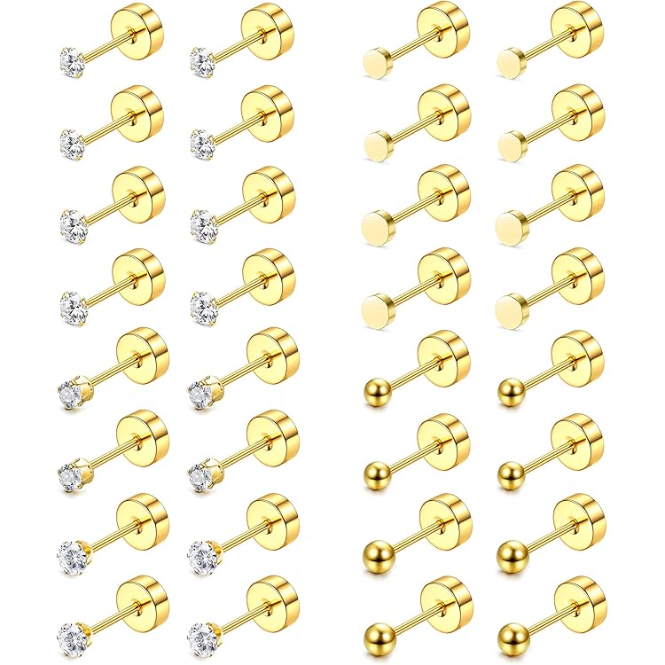 JeweBella 16 paar oorbellen met platte achterkant, kleine oorknopjes voor dames en heren, chirurgisch staal, hypoallergene oorbellen, kleine zirkonia bal schroefachterkant oorbellen, 20G helix