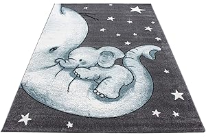 Muratap Tapis Enfant Animaux - Kids Éléphant - Tapis Poils Ras Chambre de Bébé Carpette Tapis Chambre d'enfant Fille Garçon - Oeko-TEX - Dimension: 120 x 170 cm - Couleur: Bleu