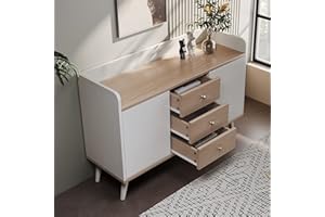 Sweiko Kommode mit 2 Türen und 3 Schubladen, Rattan Türkommoden mit Schubkasten, Sideboard mit Verstellbare Ablage, Schubladenkommode Holz Mehrzweckschrank für Flur Schlafzimmer Wohnzimmer Badezimmer