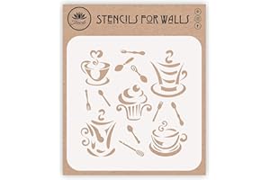 STENCIL COMPANY Stencil per torta e caffè, 21,59 x 21,59 cm (L) – immagini decorative stilizzate stencil a forma di tazza di caffè e cupcake per dipingere