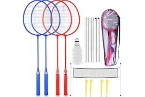 fk sports 4 Player Badminton Set with Net, Rackets, Carry Bag, Shuttlecocks, Poles & Anchors – Garden Game for Kids & Adults, Outdoor Backyard Beach Play Family Fun Kit