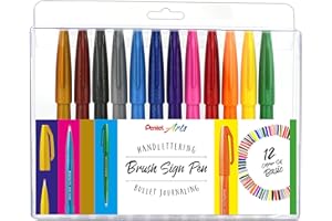 Pentel SES15-12 Brush Sign Pen, sortowanie podstawowe, długopis z włókien, końcówka przypominająca pędzel, 12 sztuk, posortowane kolorystycznie