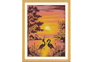 LECZANY Kit de bordado de punto de cruz DIY preimpreso y estampado de 11 CT, línea completa de kits de inicio para principiantes - La sombra de la grulla al atardecer 39 x 51 cm