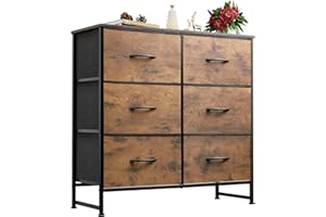 ‎WLIVE WLIVE Kommode mit 6 Schubladen aus Stoff, Kommodenschrank für Schlafzimmer, Kommode Wohnzimmer, mit Stabiler Stahlrahmen, Holzplatte, Vintagebraun-Schwarz
