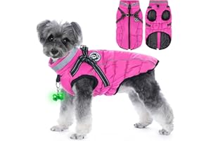 HezzLuv Waterproof Dog Winter Jacket with Harness, Reflective Strips & LED Light-Emitting Collar Dogs Coat, Fleece Cotton Lined, Windproof/Adjustable Warm Dog Coats & Jackets for Small & Medium Dogs