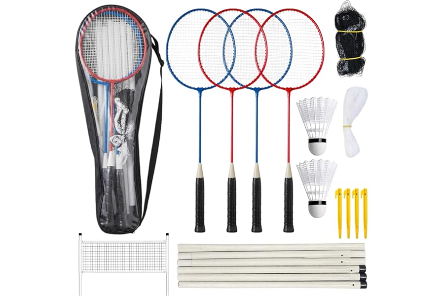 Unibos Badminton Set with Net & Poles for Garden – Complete 4 Player Outdoor Badminton Game with 4 Rackets, Shuttlecocks & Carry Bag – Family Garden Games, Beach & Camping Set for Kids & Adults