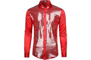 JOGAL Herren Pailletten Hemd 70er Langarm Disco Party Kostüm