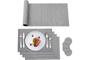 HPMAISON Placemats, 9 Pcs Grey Table Mats Set, 4 Placemats + 4 Coasters + 1 Long Table Mat Resistant Anti Slip Table Place Mats and Coaster Sets for Home Restaurant