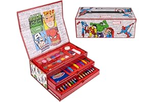 Marvel Avengers Juego de Papelería, Incluye Lápices de Color, Rotuladores, Acuarelas, Pincel, Esponja, Lapiz, Borrador, Ceras de Color, Cuaderno, Estuche Maletin, Set Escolar Niños