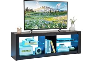 COSTWAY LED TV Stand Cabinet for 65 Inch TVs, Wooden Media Entertainment Center with RGB LED Lights and Adjustable Tempered Glass Shelves, 140cm Living Room Bedroom TV Unit Console Table (Black+Brown)