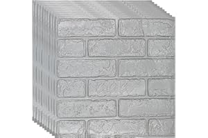 XQZMD 10 PCS 3D Brick Effect Wall Panels, 35x35cm Peel and Stick Brick Wallpaper, Waterproof Self Adhesive Wall Tiles for Bedroom Bathroom Kitchen (Silver Grey)