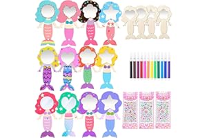 NAOLIU 12 Stück Meerjungfrau Bastelset, Basteln Kinder Handspiegel mit Griff, DIY Bastelset Kindergeburtstag, Holz Basteln Kinder Creative Painted Mirrors for Holiday Decoration Party Decoration