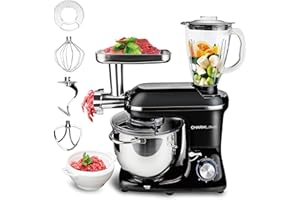 CHARMLINE 3 En 1 Robot Pâtissier Avec Bol À Mélanger de 7L | Robot Cuisine Avec Batteurs, Crochets À Pâte Et Fouet | Robot de Cuisine Avec Hachoir À Viande et Presse-Agrumes de 1,5L | 1400W | Noir