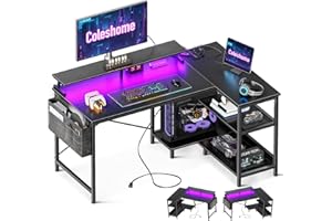 Coleshome L Shaped Gaming Desk with LED Lights, 120 × 80 cm Computer Desk with Power Outlet, Reversible Corner Gaming Table with Storage Shelves & Monitor Stand, Black