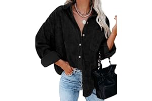 QIXING Womens Corduroy Oversized Shacket Button Down Boyfriend Shirts V Neck Cotton Long Sleeve Blouses with Pocket Casual Work Jacket for Women UK Ladies Tops Autumn Winter
