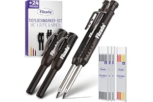 ‎FILZADA Filzada® 2x Tieflochmarker mit 24 Extraminen - in 3 Farben- Zimmermannsbleistifte mit Köcher/Kappe - Bohrlochmarker - Bleistift Baustelle - Markierstift - Tieflochmarker Bleistift - Markierstifte