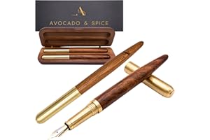 AVOCADO & SPICE Fountain Pen and Roller Ball Pen Set by Avocado and Spice Gift Set (2 pcs) Brass/Sandalwood Premium Writing Pens Stationary Sets - Fountain Pens for Writing Pens for Women and Men Handwriting Pens