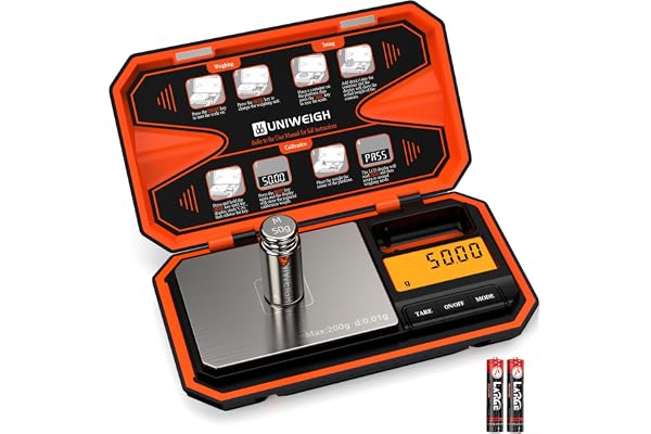 UNIWEIGH Balance numérique de poche 200g/0.01g,mini balance alimentaire avec poids de calibrage de 50g,pour la cuisine,les poudres,les herbes,les bijoux,les pièces de monnaie (batterie incluse) Orange