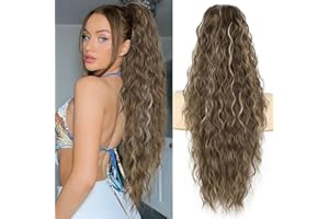 PORSMEER Pferdeschwanz Haarteil Lang 76 cm mit Kordelzug Wellig Locken Ponytail Extension Braun mit Blond Natürliches Clip in Haarteil Ponytail Kunsthaar Haarzopf für Damen Afro Zopf Haarverlängerunge