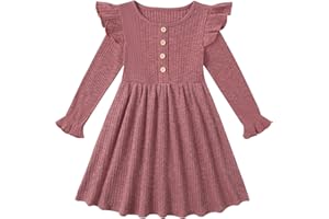 ESHOO Girls' Dresses Ribbed Knit Dresses Toddler Ruffle Long Sleeve Casual A-Line Dress Kids Party Dress Girls Clothes Age 2 3 4 5-6 6-7 Years
