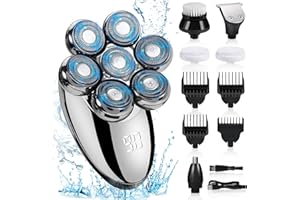 Head Shavers for Bald Men, Bestcool 7D Bald Head Shaver 5-in-1 Electric Shavers Men Wet Dry Mens Head Shaver Cordless Rotary Shaver Grooming Kit with Beard Clippers Nose Trimmer for Men (Silver)