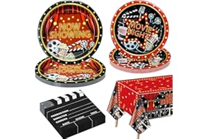 QUERICKY Movie Night Party Decorations for 20 Guests, Include Now Showing Paper Plates, Movie Night Paper Plates, Napkins, Now Showing Tablecloth for Movie Night Party Red Carpet Birthday Party Decorations