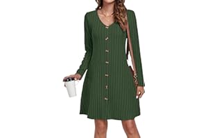 AUSELILY Vestito Donna Invernale Elegante Maniche Lunghe Maglioni Abito Scollo a V Casual Vestiti in Maglia con Pulsante