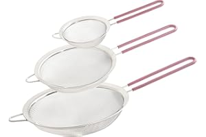 Wiltshire Set of 3 Sieves, Stainless Steel Fine Wire Mesh Strainer with Non-Slip Silicone Coated Handle, Colander & Sifter, Sift Strain Drain & Rinse, 10cm 15cm & 20cm, Dishwasher Safe, Studio Pink