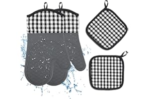 CECOMBINE Ofenhandschuhe Topflappen 4er Set, 260℃ Hitzebeständige Topfhandschuhe Anti-Rutsch Silikon und Baumwolle Ofen Handschuhe, Küche Backhandschuhe Kochhandschuhe（Grau）