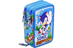 Clondo Trousse Triple Remplie Enfants, pour Sonic Fans, 45 Accessoires Scolaires Garçon, 3 Fermetures Éclair, Compartiments Organisés, Crayons de Couleur, Feutres, Colle, Ciseaux