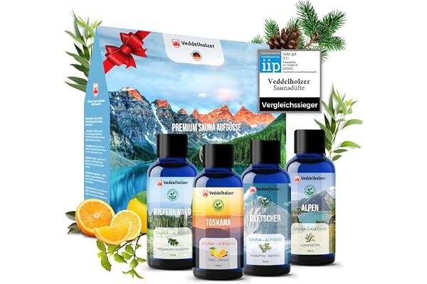 Veddelholzer Ensemble de sauna bio avec huiles essentielles 100 % pures 4 x 100 ml différents huiles de sauna parfum pour sauna accessoires de sauna en cadeau tout dans un set