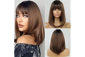 ‎EMMOR EMMOR Kurze Bob Perücke mit Pony, für Frauen, natürliche synthetische Faser Bob Perücke, natürlich aussehend, geeignet für Alltag/Party/Cosplay (Beraul braun)