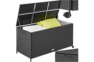 tectake® Coffre de jardin Exterieur, Coffre à Coussins 297 L en Aluminium Polyrotin 117 x 54 x 64 cm avec Roulettes, Couvercle Rabattable, Poignées pour Rangement des Outils de Jardin, Matelas, Jouets