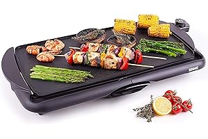 Duronic GP20 Plancha électrique antiadhésive XL 6 à 8 personnes 2000W 52 x 27 cm avec thermostat et bac à jus amovible Cuisson sans ajout de matière grasse idéal pour soirée en famille et amis